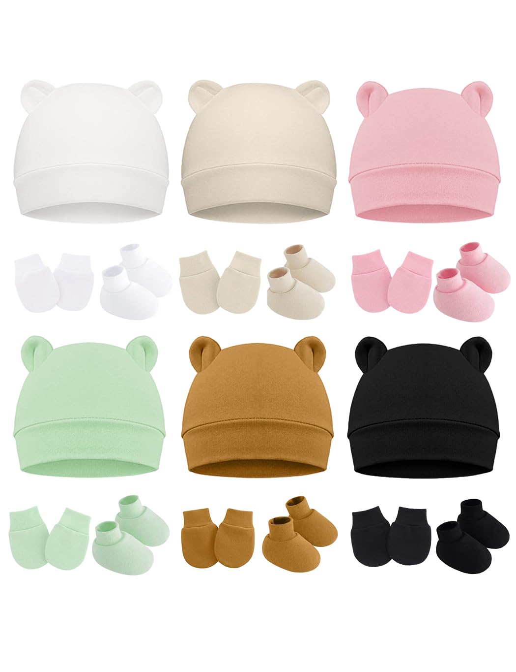 ZURLEFY Beige Baby Socks Hats with Mittens, 6 Pack Stretchy Cotton Newborn Hats and Mittens for Boys, No Scratch Mittens and Beanie Cap for Toddler Infant Hospital Hat (56-02-6P1)