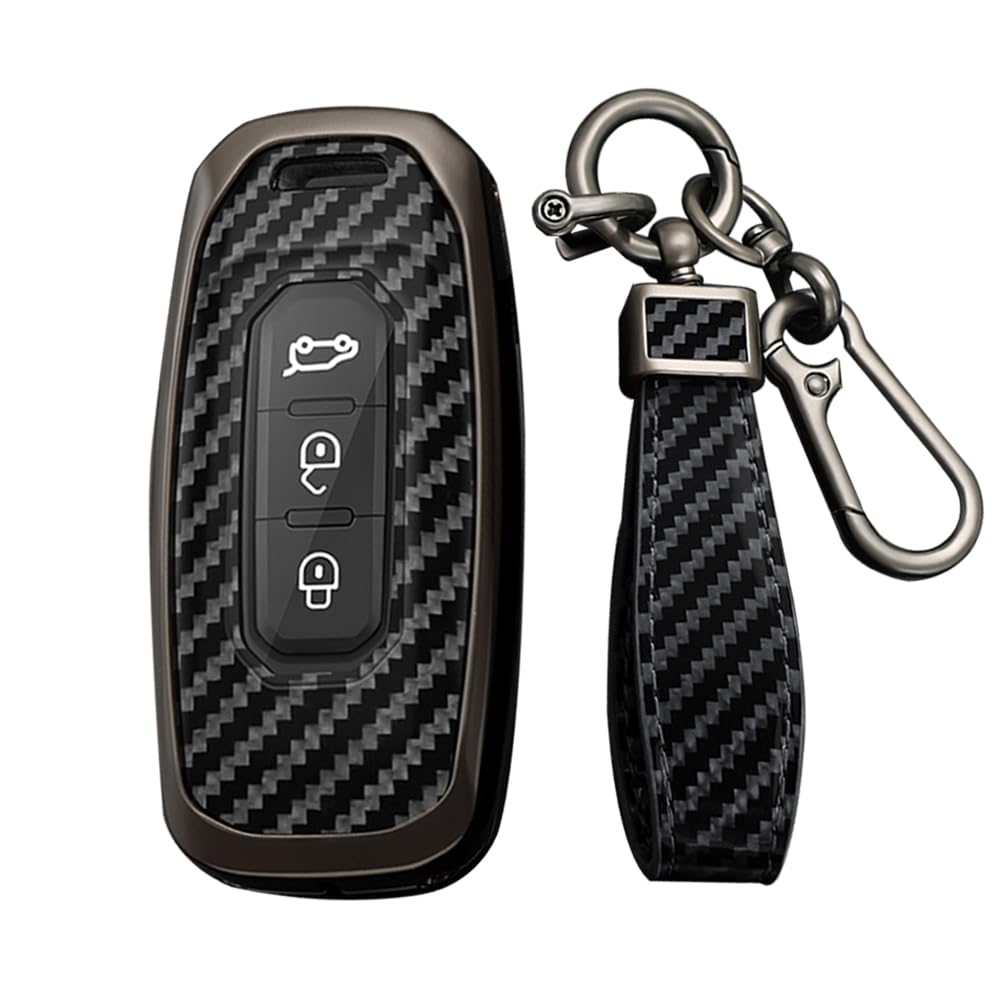 KUNIO Car Key Fob Cover Fit for Ford Taurus Territory Kuga Territory EV 2020 Key Protective Cover Keychain Carbon Fibre Metal Key Holder Key Cover 3 Buttons A Black