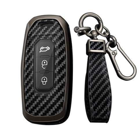 KUNIO Car Key Fob Cover Fit for Ford Taurus Territory Kuga Territory EV 2020 Key Protective Cover Keychain Carbon Fibre Metal Key Holder Key Cover 3 Buttons A Black