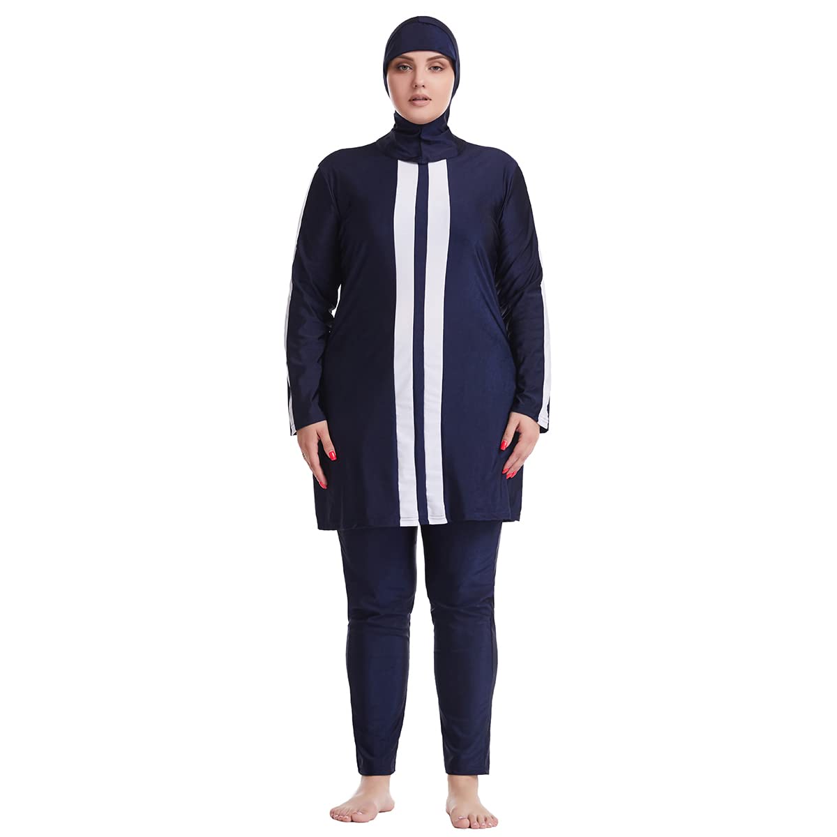 Plus Size Muslim Swimsuits for Women Modest Islamic Swimwear Burkini Full Cover Hijab Striped Long Sleeve Muslim Dress Top Pants Cap 3PCS Sun Protection Rash Guard Bathing Suits Navy Blue + White 3XL