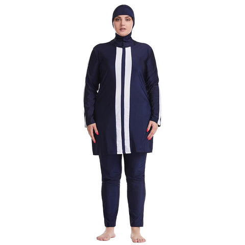 Plus Size Muslim Swimsuits for Women Modest Islamic Swimwear Burkini Full Cover Hijab Striped Long Sleeve Muslim Dress Top Pants Cap 3PCS Sun Protection Rash Guard Bathing Suits Navy Blue + White 3XL