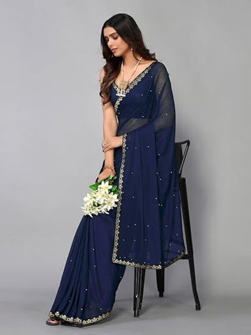 "	 SICHI Women'S Lycra Lace Work Saree With Unstitched Blouse Piece, Navy Blue3, One Size"