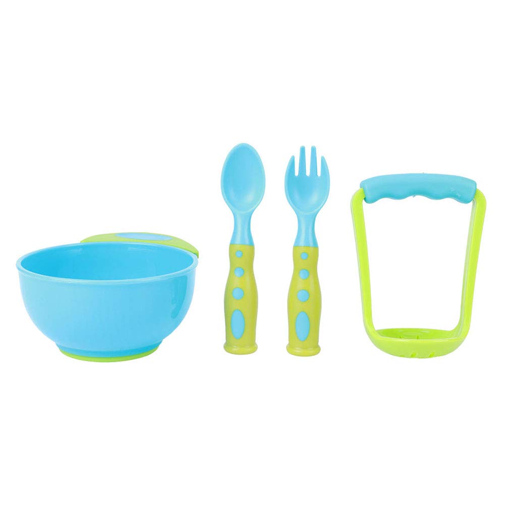Baby Food Masher Bowl, Childrens Complementary Food Grinding Bowl Baby Food Feeder Bowl Spoons Fork Four-Piece Set (Blue and Green)