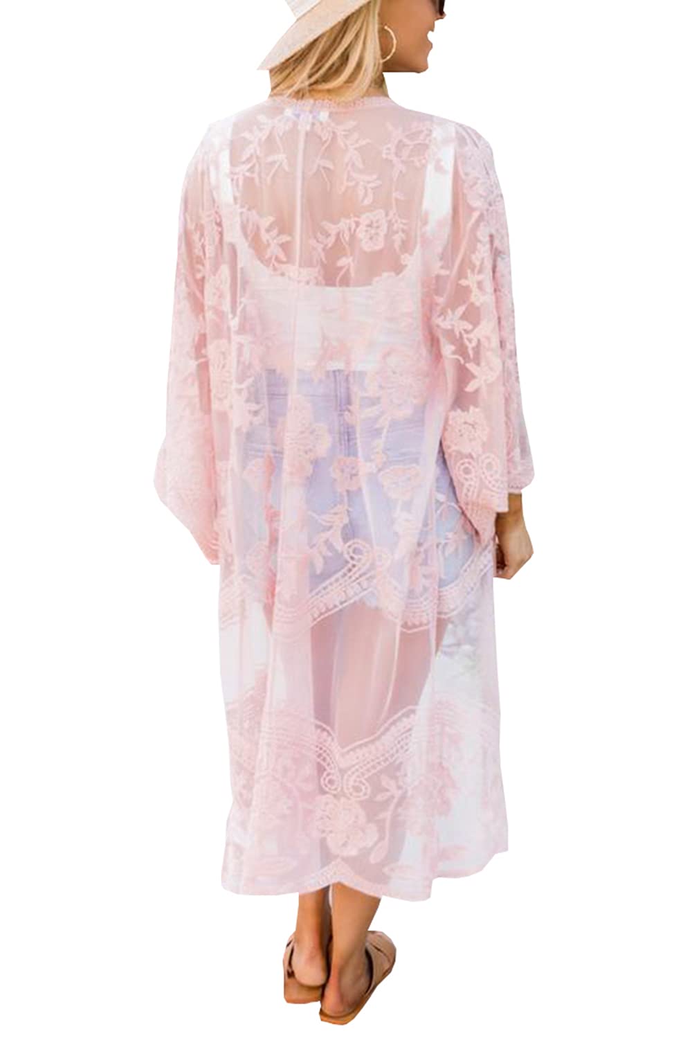 YouKD Women's Lace Cardigan See Through Dress Boho Long Kimono Beach Swimsuit Cover Up Dresses Pink