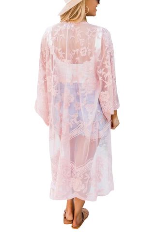 YouKD Women's Lace Cardigan See Through Dress Boho Long Kimono Beach Swimsuit Cover Up Dresses Pink