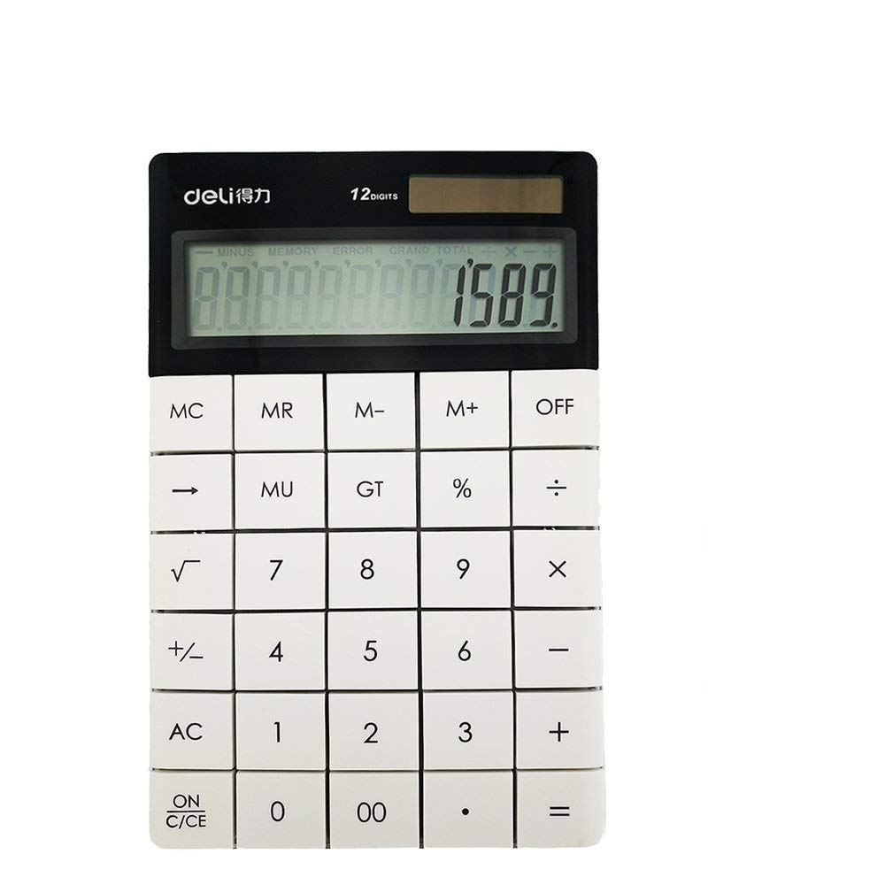 Deli Dual power electronic calculator solar and battery powered 12 digits No.1589 (White)