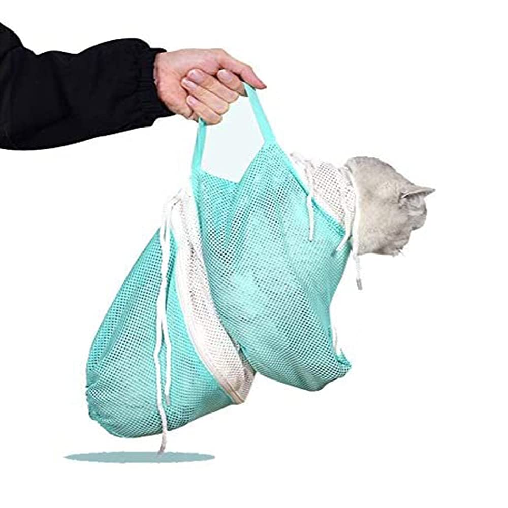 WMLBK Adjustable Cat Grooming Bag - Anti-bite,Scratch Cat Grooming Bathing Mesh- Cat Washing Bath Bag For Shower, Cleaning Ear, Medicine Feeding (Green and White)