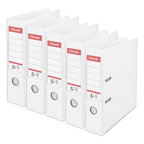 Esselte, A4 Lever Arch File, 75 mm Spine, 500 sheets Capacity, PP, Plastic Cover, No. 1 Mechanism, Files & Folders, White, 5 Pack, 162510