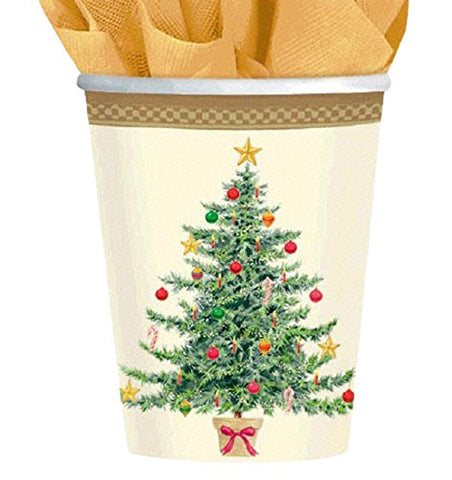 Classic Victorian Tree Paper Cups Christmas Party Disposable Tableware (8 Pieces), Multi Color, 9oz.