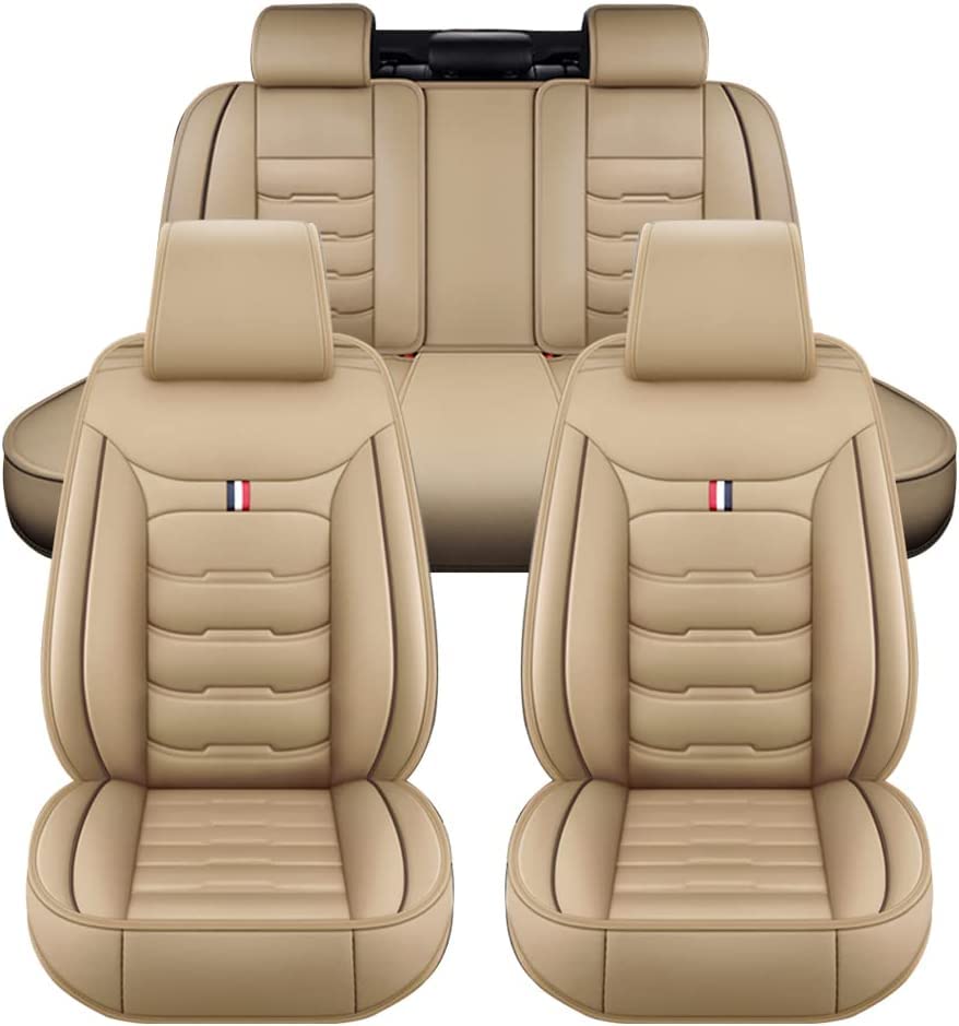 LAXIL Car Leather Seat Cover Sets for CR-V 2007-2019, 5 Seats Full Set Leather Front Rear Seat Protectors Non-Slip Waterproof Durable Accessories,Standard_Set-A_Beige
