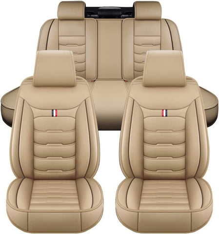 LAXIL Car Leather Seat Cover Sets for CR-V 2007-2019, 5 Seats Full Set Leather Front Rear Seat Protectors Non-Slip Waterproof Durable Accessories,Standard_Set-A_Beige