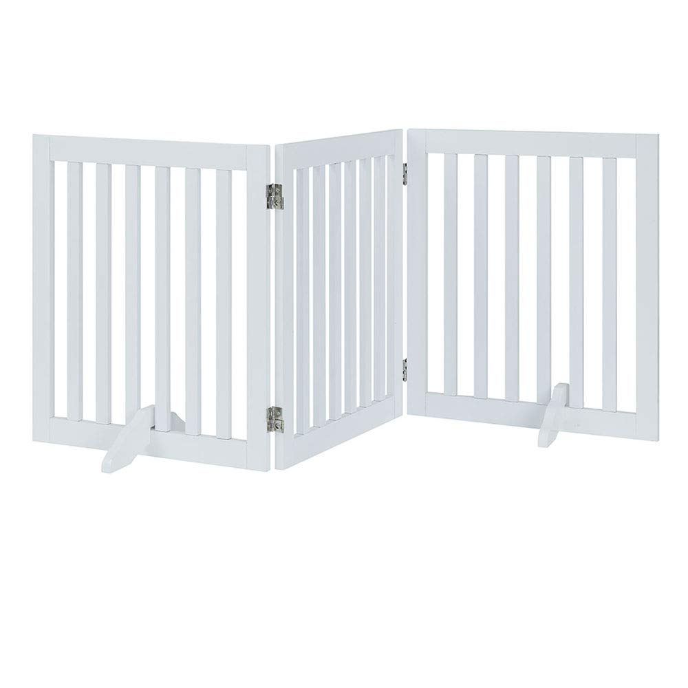 unipaws Freestanding Dog Gate, Foldable Pet Fence, Indoor Wood Barrier, Assembly Free Stair Gate with 2PCS Support Feet (61cm H, 3 Panels, White)