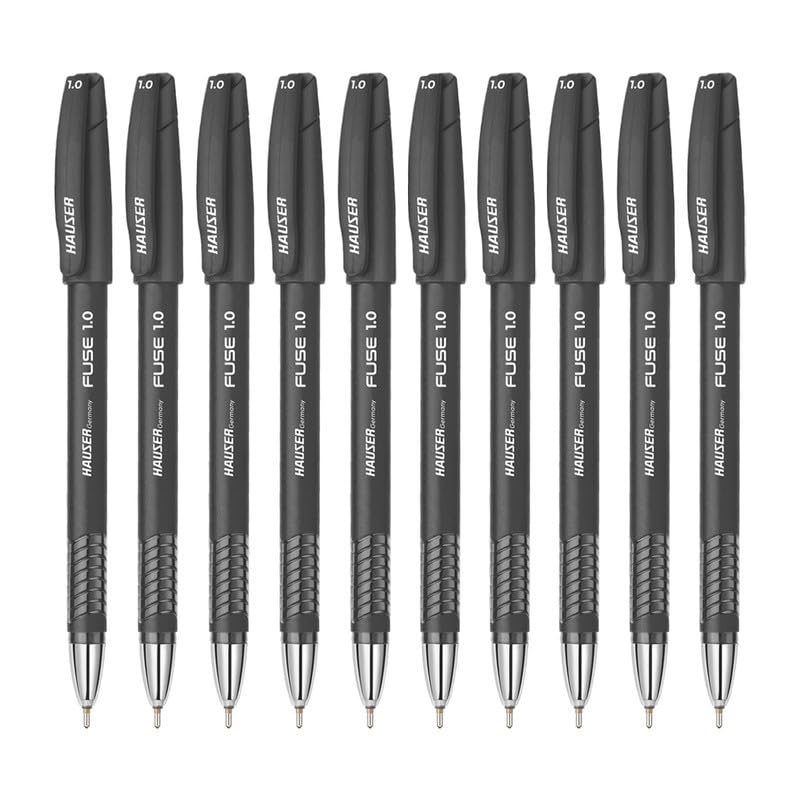 Hauser Fuse 1.0mm Ball Pen | Bold Writing Ball Pen With Comfortable Grip | Smooth Ink Flow System For Smudge Free Writing | Black Ink, Set of 10 Pens