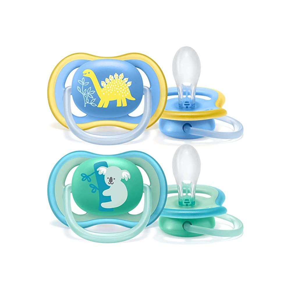 Philips Avent Soothers, 18m+ Ultra Air Baby Soother for Baby's Sensitive Skin with Self Sterilising Travel Case, Dinosaur/Koala Design, Blue/Turquoise (Pack of 2) - SCF349/11