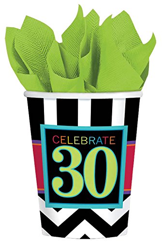 Must-Have Chevron and Stripes 30th Birthday Party Paper Cups , Pack of 8, Multi , 9 Ounces, Paper