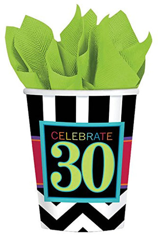 Must-Have Chevron and Stripes 30th Birthday Party Paper Cups , Pack of 8, Multi , 9 Ounces, Paper
