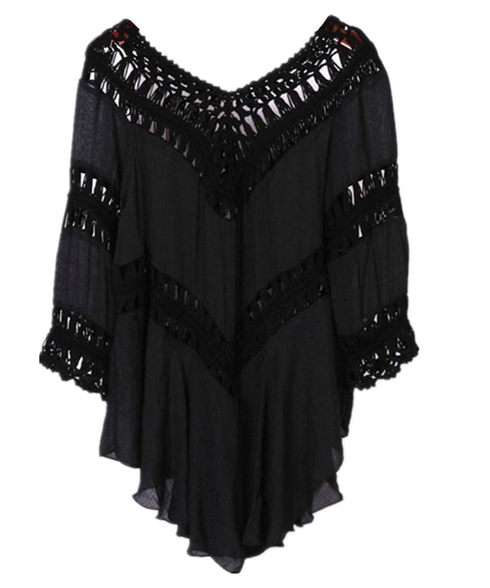 YouKD Summer Bohemian Tunic Tops Beachwear Biniki Cover Up Robes Crochet Tshirts for Women A Black