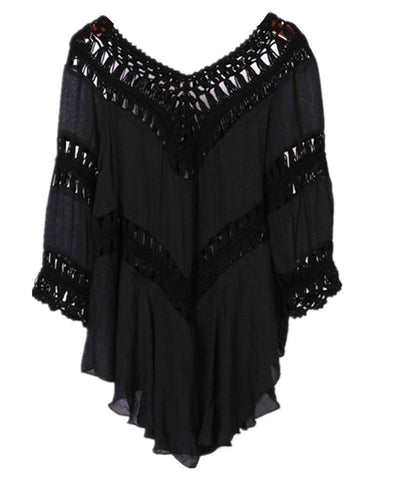 YouKD Summer Bohemian Tunic Tops Beachwear Biniki Cover Up Robes Crochet Tshirts for Women A Black