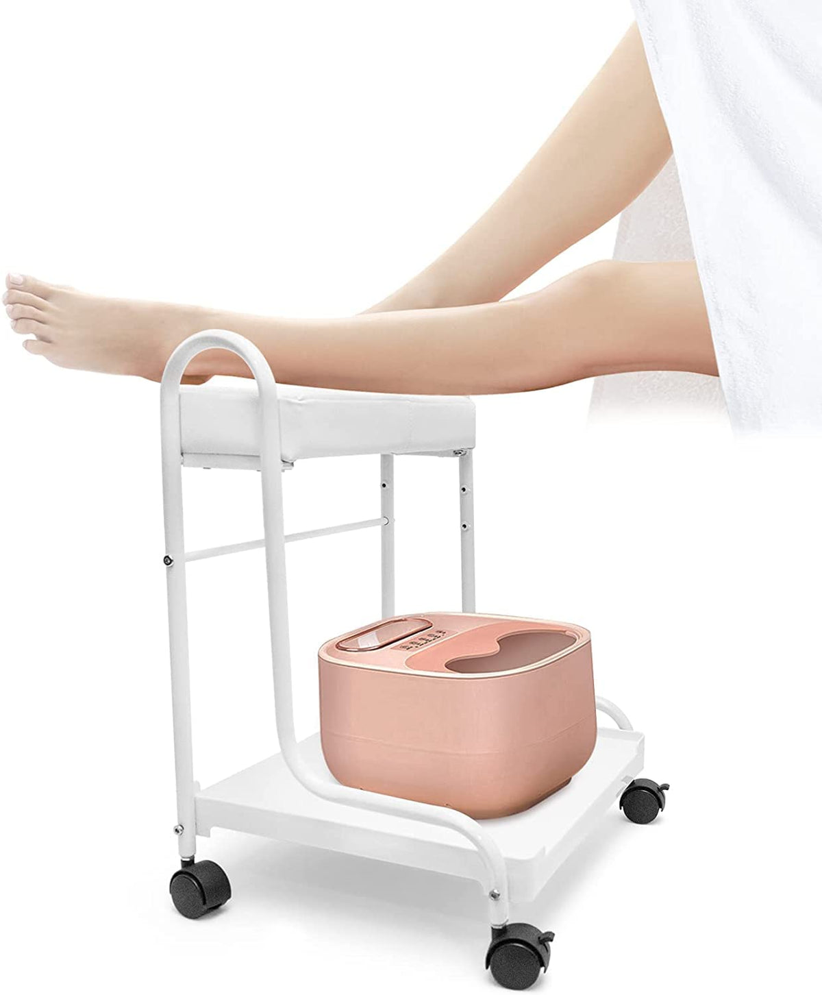 Pedicure Manicure Beauty Salon Nail Foot Bath Spa Portable Esthetician Trolley Cart for Foot Rest 3 Adjustable Height PU Cushion Funiture Massage Table Salon Supply Elitzia (White)