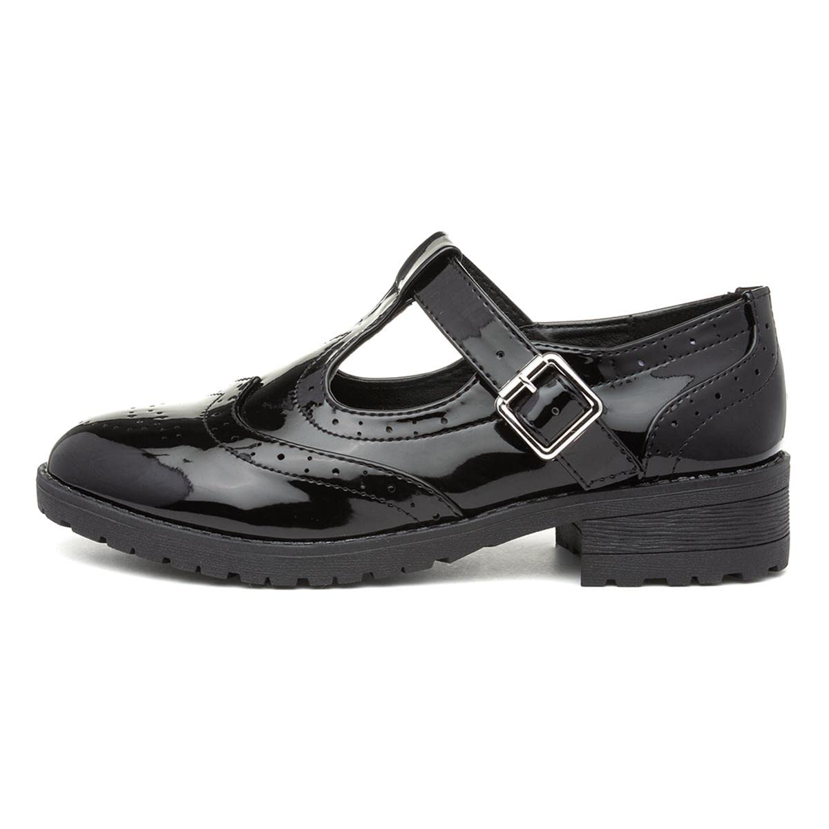 Lilley Girls Black Patent Brogue T-Bar School Shoe - Size 3 UK - Black