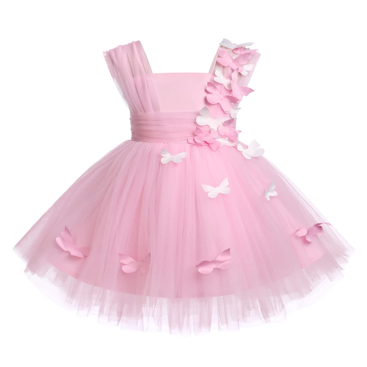 First Birthday Outfit Girl, Sleeveless Square Neck 3D Butterfly Tulle Tutu Dress First Birthday Party Dress Cake Smash Photo Shoot Baby Wedding Formal Pageant Dresses Pink 2-3 Years