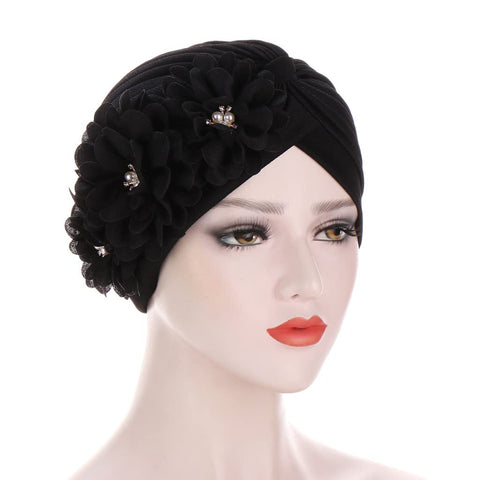 Women Turban Cap Flower Wrap Head Cover Pleated Beanie Sleep Hat Stretchy Headwrap Chemo Hat Hair Loss Cap Bandana Headwear for Ladies Black
