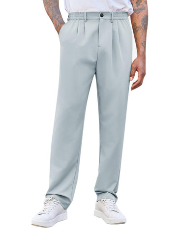 Runcati Mens Casual Pants Pleated Loose Fit Dress Pants Elastic Waist Slacks Trousers Light Grey