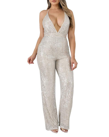 OLUOLIN Women Sexy Sparkly Sequins Lace up Backless Deep V Neck Sleeveless Bodycon Long Jumpsuit Romper Clubwear - White - Medium