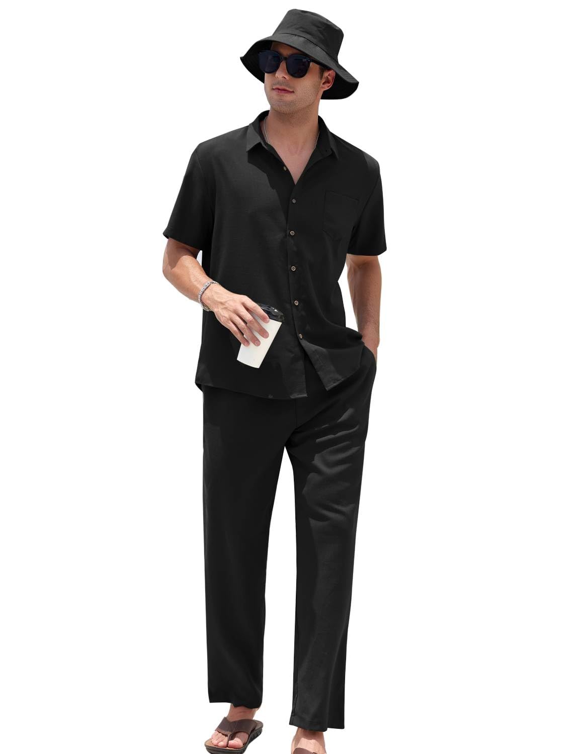 EISHOPEER Men's Linen Sets 3 Piece Casual Short Sleeve Button Down Shirt and Long Loose Pants Set Beach Vacation Outfits Black Small