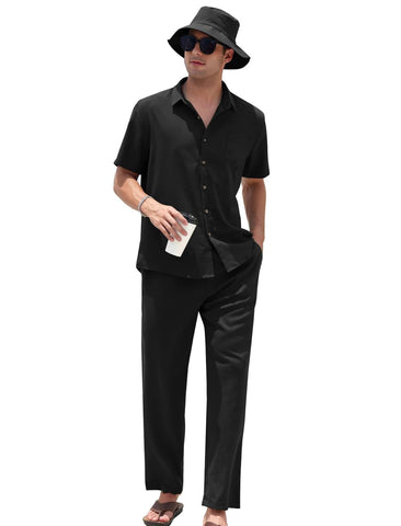 EISHOPEER Men's Linen Sets 3 Piece Casual Short Sleeve Button Down Shirt and Long Loose Pants Set Beach Vacation Outfits Black Small