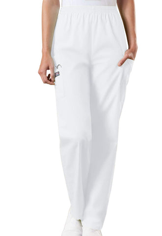 CHEROKEE Women's Workwear Elastic Waist Cargo Scrubs Pant, White, Medium-Petite