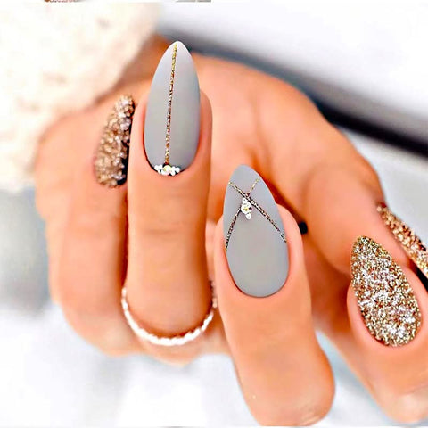24pcs Short False Nails Oval Grey Press on Nails Glitter Gold Fake Nails Glue on Nails Removable Stick on Nails Fake Nails Women Girls Nail Art Accessories