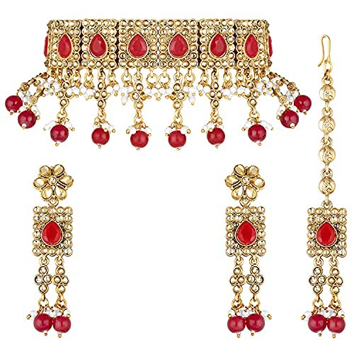 Aheli Kundan Pearl Choker Necklace with Earrings Maang Tikka Indian Traditional Bollywood Jewelry Set for Women Girls