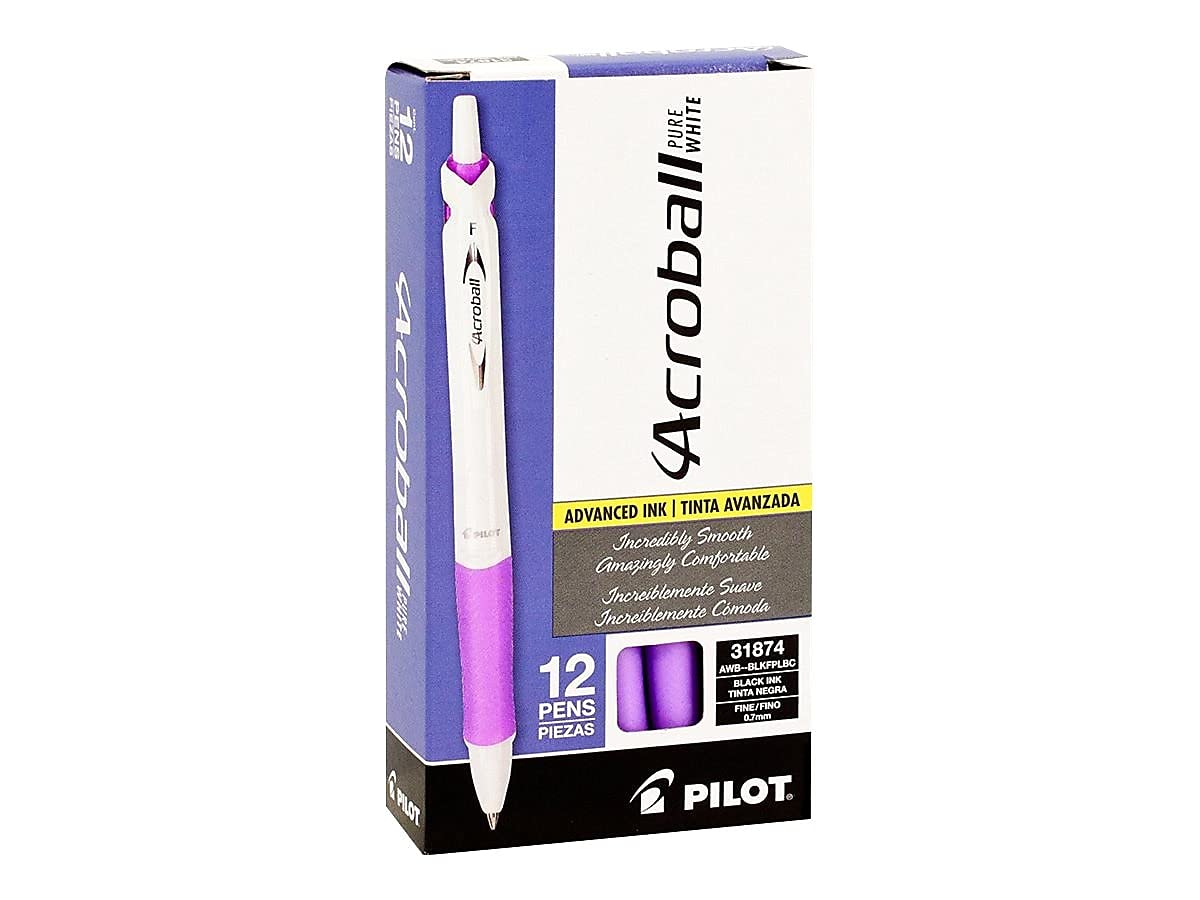 Pilot Acroball PureWhite Advanced Ink Refillable & Retractable Ball Point Pens with Purple Accents, Fine Point, Black Ink, 12-Pack (31854)