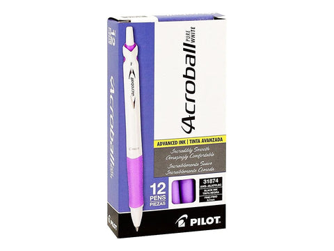 Pilot Acroball PureWhite Advanced Ink Refillable & Retractable Ball Point Pens with Purple Accents, Fine Point, Black Ink, 12-Pack (31854)