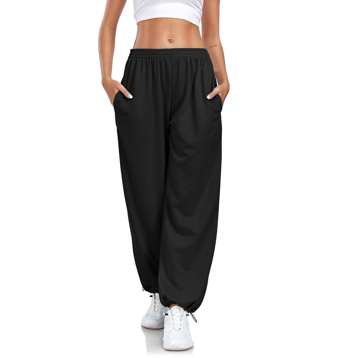 Enwokran Women Summer Wide Leg Sports Trousers Elastic High Waist Casual Loose Pants with Pockets and Drawstring Sweatpants for Ladies Yoga Gym Running Joggers Clothing (Black, XXL)