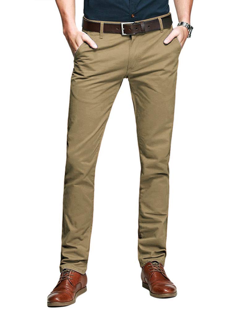 Aeslech Mens Tapered Stretch Chinos Casual Smart Trousers Formal Regular Fit 169 Khaki 32