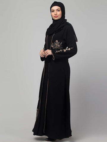 HIZFASON women latest leyered embroidered long dress shrug wear abaya burkha (L, Black)