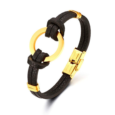 Flongo Stainless Steel Men's Bracelet Men Leather Bracelet, Surfer Braided Leather Bracelet for Men Black Round Circle Link Ring Men's Accessories Gold