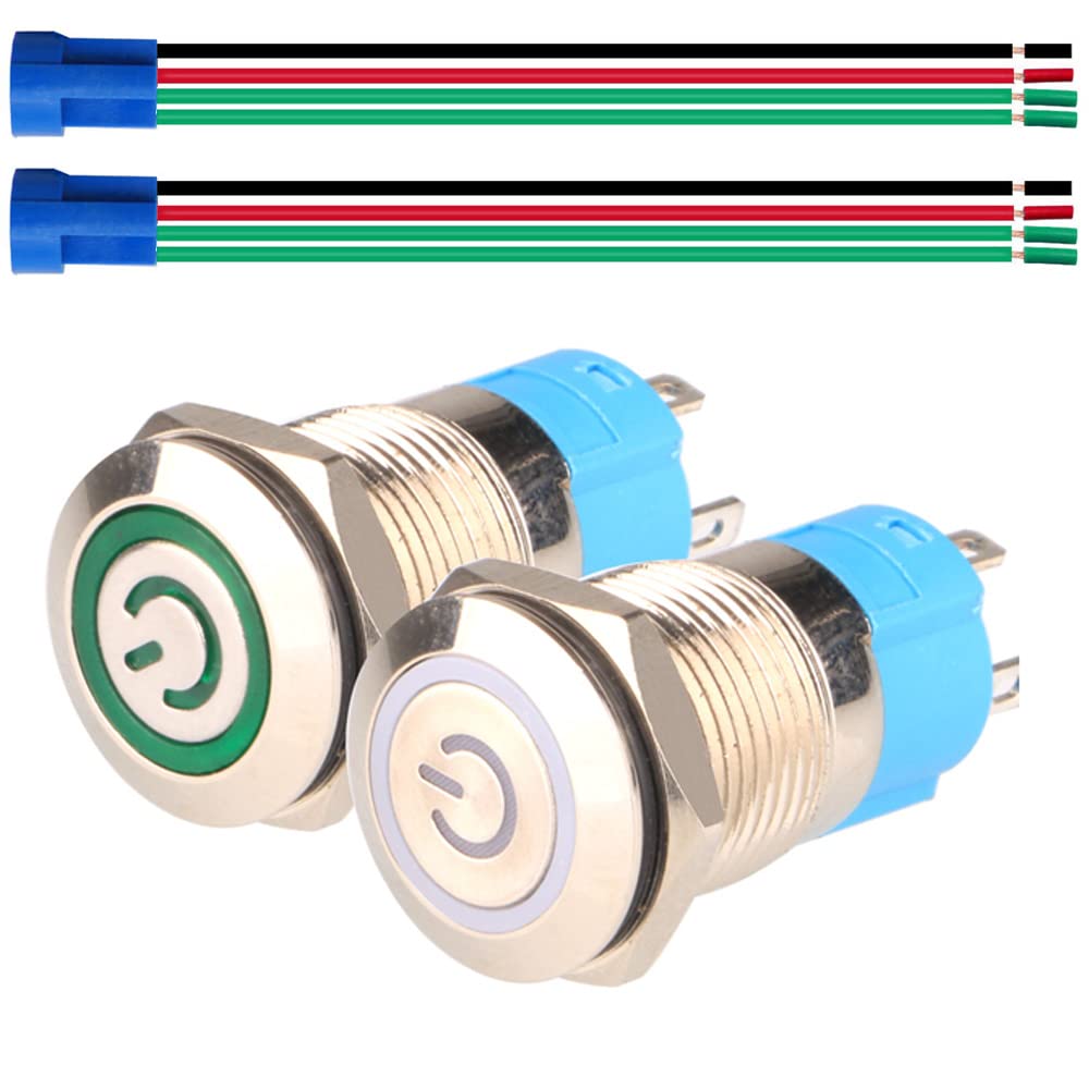 Gebildet 2pcs 0.47"/12mm Stainless Steel Self-Locking Latching Push Button Switch 12V-24V 3A Power Symbol LED Normally Open SPST ON Off Waterproof Toggle Switch with Wire Socket Plug (White+Green)