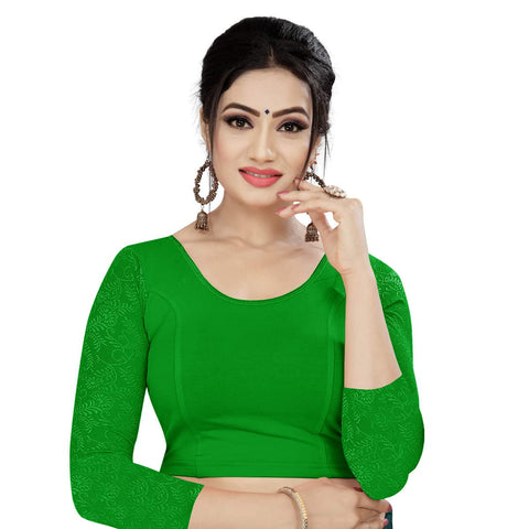 TMS Women's Blouses Readymade Gold Stretchable Saree Crop Top Choli Free Size Sparkling (One Size (Can fit bust size 28"-38"), Emerald Green)