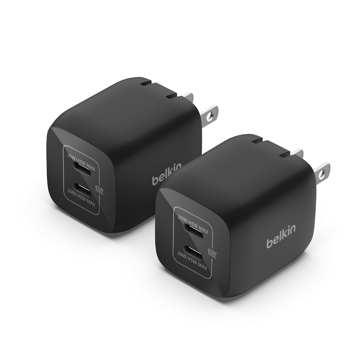 Belkin 45W Dual USB-C Wall Charger, Fast Charging Power Delivery 3.0 w/ GaN Technology for iPhone 16, 16 Pro, 16 Pro Max, 15, 14, Mini, iPad Pro 12.9, MacBook, Galaxy S24, & More - Black (2-Pack)