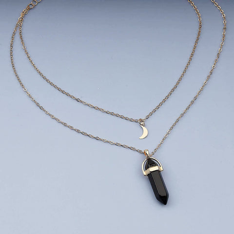 Yheakne Boho Layered Moonstone Necklace Chain Gold Moon Pendant Necklace Black Hexagonal Stone Necklace Jewelry for Women and Girls