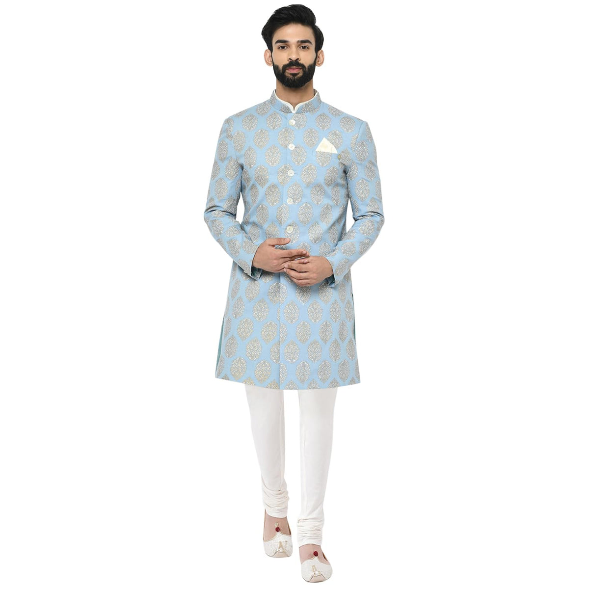 KISAH Men Indowestern Printed Sherwani Set, Full Sleaves, Knee Length, Straight, Regular Fit, Mandarin Collar Ethnic wear, Blue, 44 & Thanksgiving