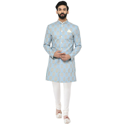 KISAH Men Indowestern Printed Sherwani Set, Full Sleaves, Knee Length, Straight, Regular Fit, Mandarin Collar Ethnic wear, Blue, 44 & Thanksgiving