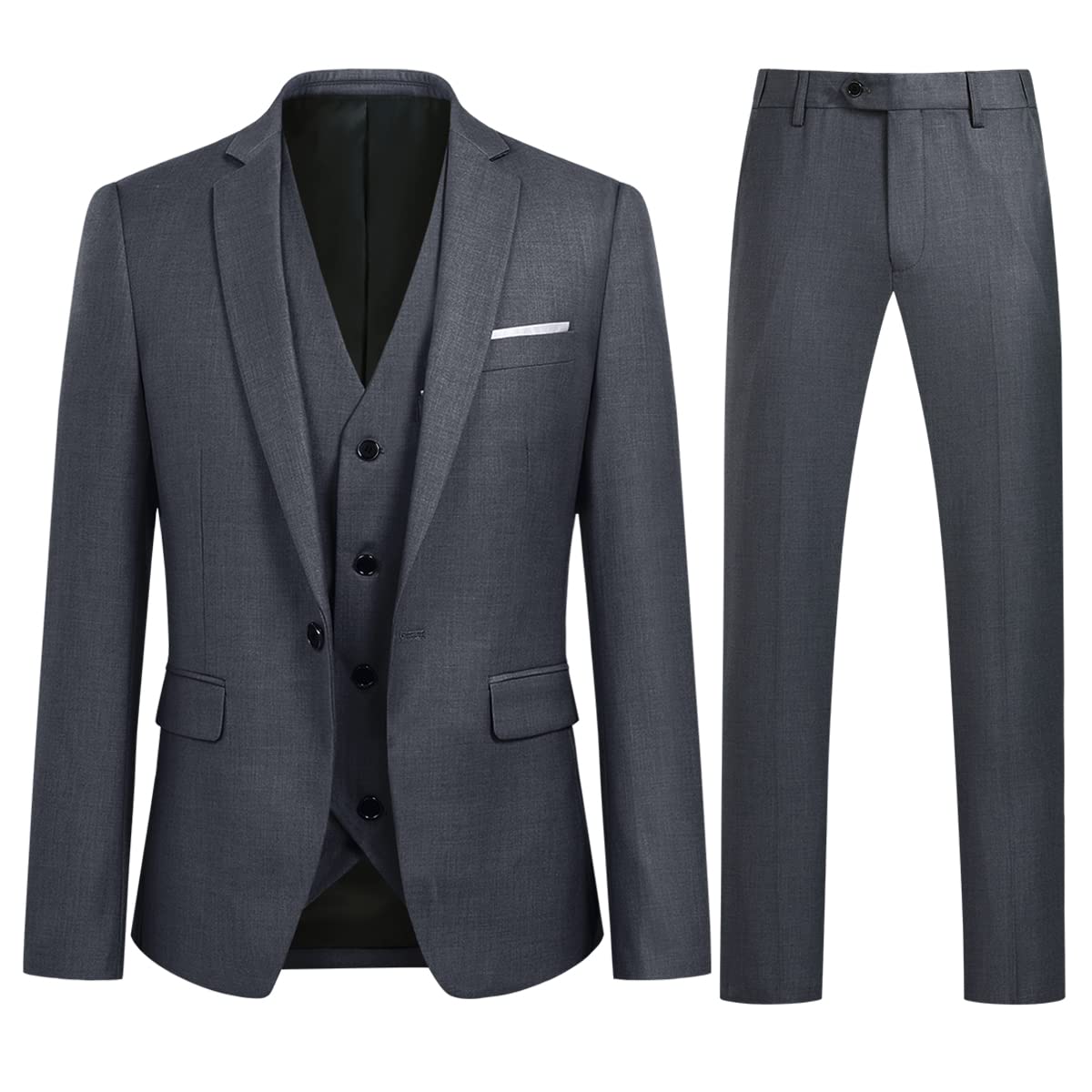 Allthemen 3 Piece Slim Fit Suit Wedding Dress Casual One Button Lounge Suit, Grey, L