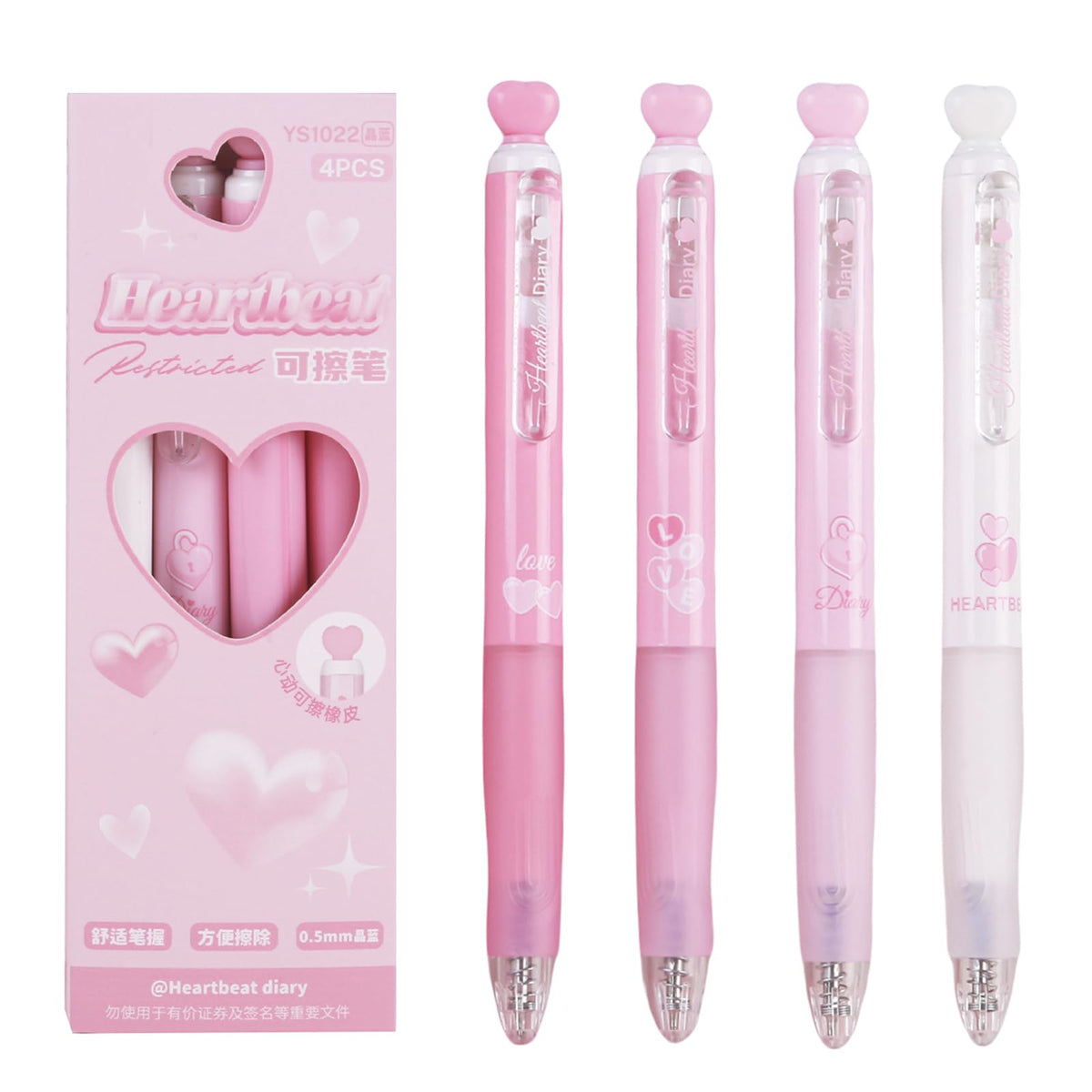 MOZXIRZ 4 Pcs Erasable Gel Ink Pens Cute Erasable Retractable Pens Pink Heart Pens 0.5mm Blue Ink Pen Office School Pens Cute Aesthetic Pens Women Girls Pens Boys Men Pens (Blue Ink)