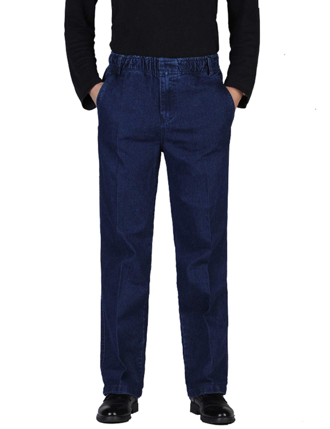 Locachy Men's Elastic Waist Denim Pants Casual Loose Straight Jeans #1 Dark Blue 34