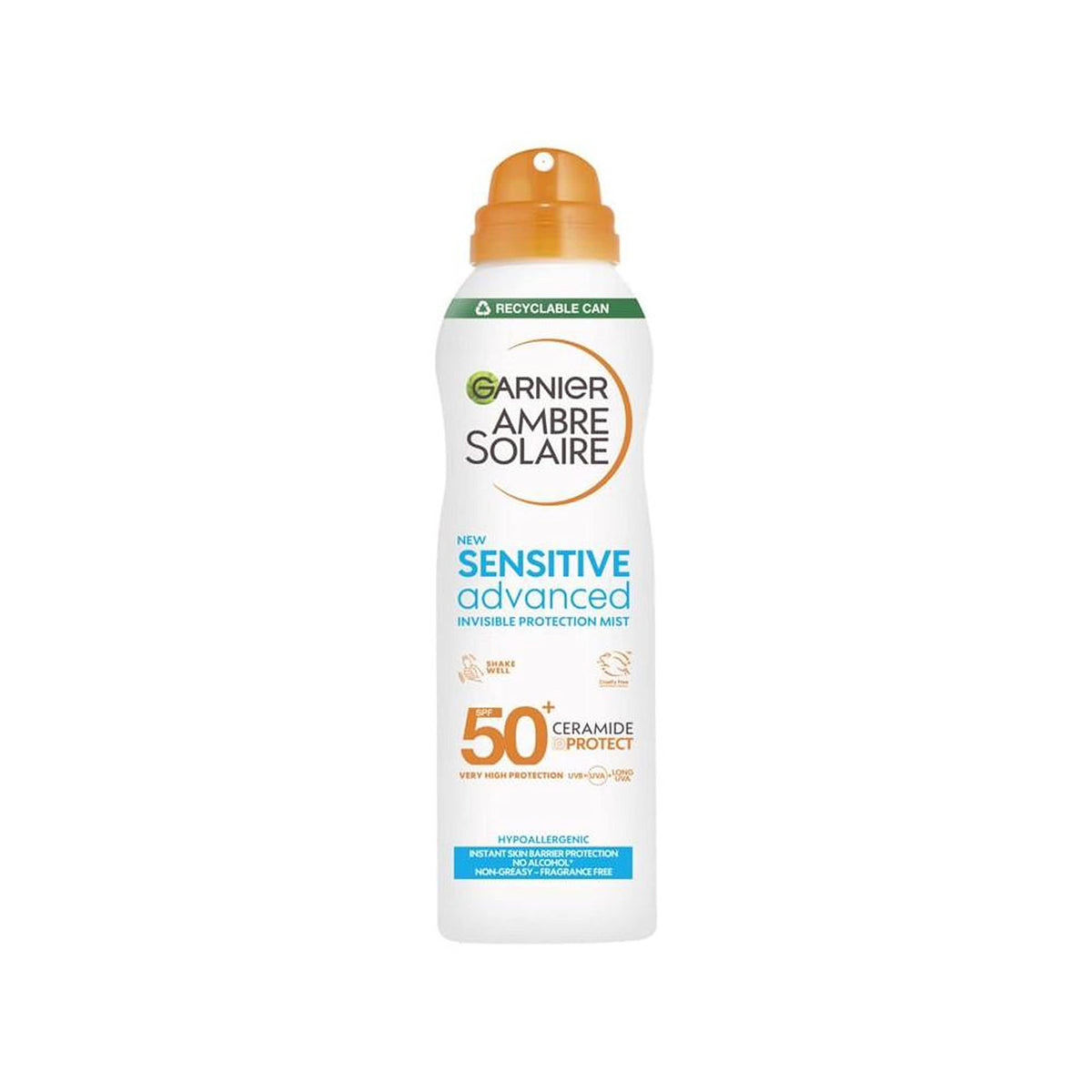 Garnier Ambre Solaire SPF 50+ Sensitive Advanced Dry Mist Sun Cream Spray, Water Resistant & Non Greasy Sunscreen, Fragrance Free, UVA & UVB Protection, Approved by Cruelty Free International, 150ml