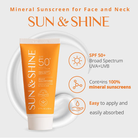 SUN & SHINE MINERAL SUNSCREEN LOTION: SPF50 Broad Spectrum UVA UVB, Face Neck Protection, face mineral lotion Zinc Oxide, for Sensitive Skin,reef safe, fragrance free 1.7 Oz